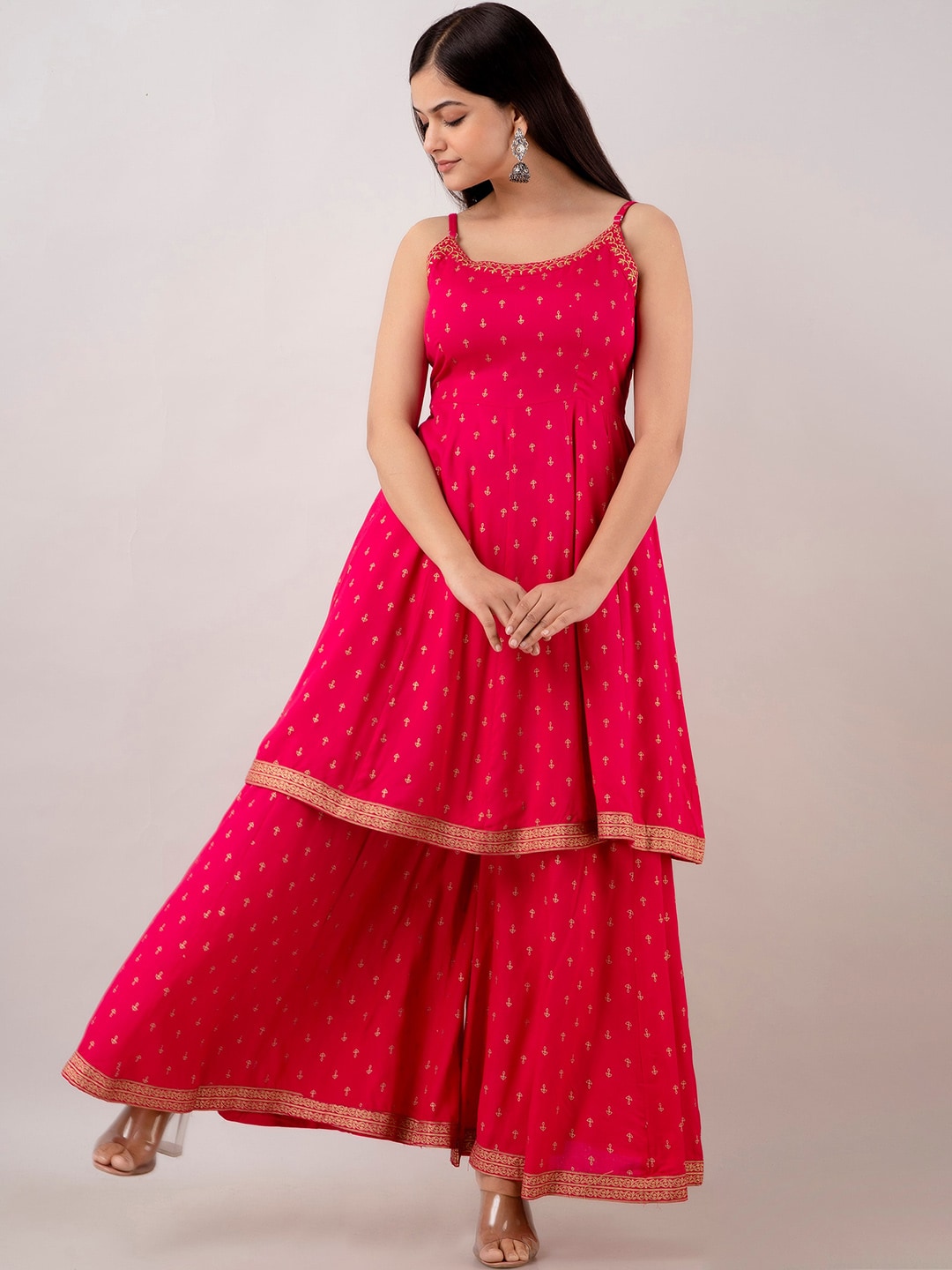 Kalini Women Floral Embroidered Spaghetti Kurta Sharara and Dupatta set | Swadesiicart