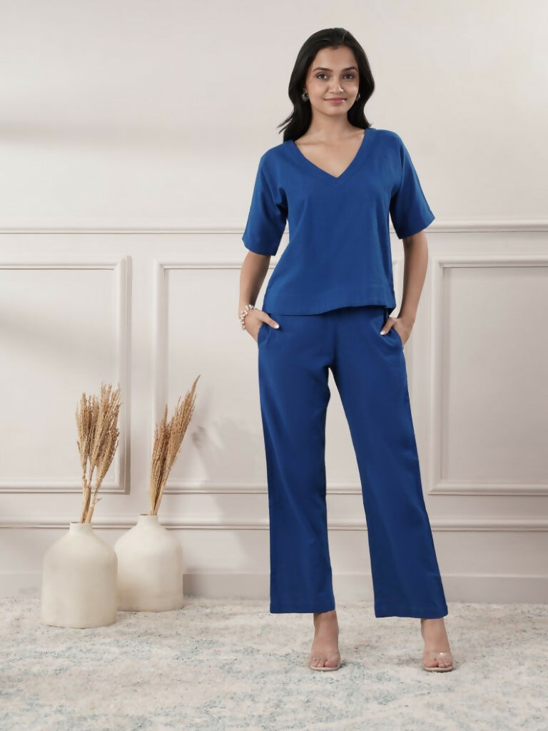 Joban Fashion Women's Royal Blue Co-Ord Set V Neck - Swadesiicart