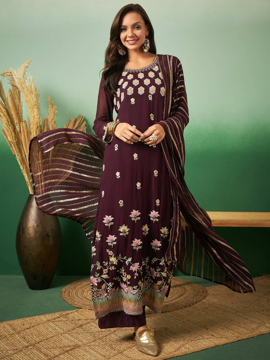 Wine Georgette Handwork Unstitched Dress Material - Hanika | Swadesiicart
