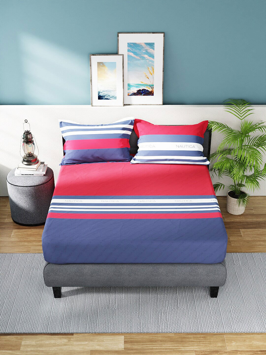 Nautica Bradford Red & Blue Striped 160 TC Pure Cotton King Bedsheet & 2 Pillow Covers - Swadesiicart
