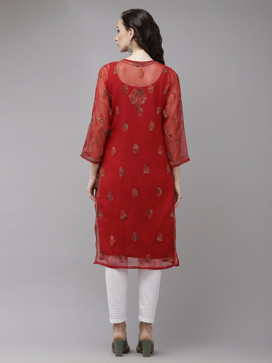 ADA Women Red Embroidered Regular Chikankari Kurta with Trousers | Swadesiicart