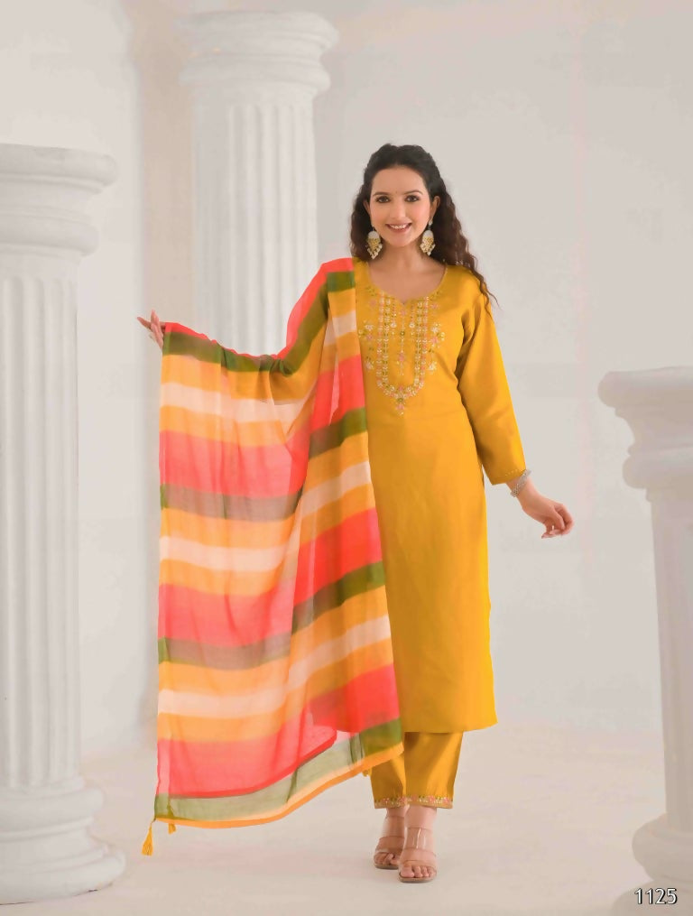 Ethnic Festive Wear Viscose Chanderi Yellow Stitched Suit With Dupatta - Tanisha | Swadesiicart