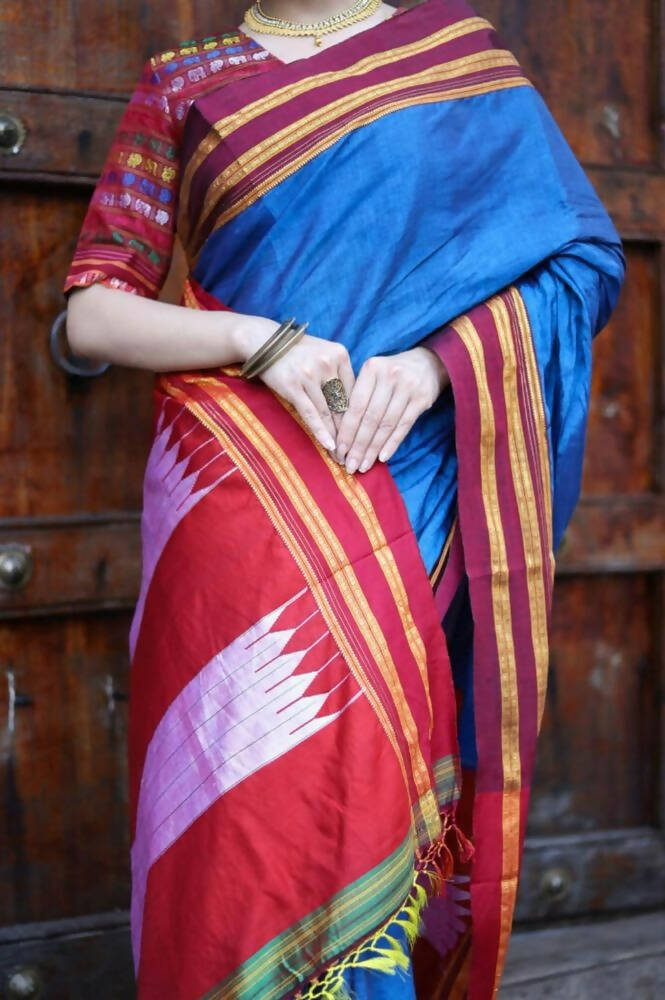 Very Much Indian Handloom Cotton Viscose Ilkal Saree - Royal Blue | Swadesiicart
