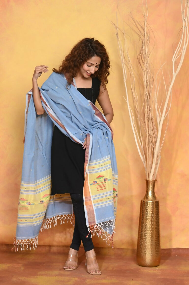 Very Much Indian Handloom Pure Cotton Paithani Dupatta - Powder Blue | Swadesiicart