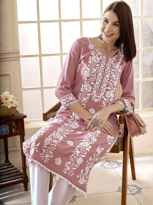 Anouk Floral Embroidered Round Neck Chikankari Straight Kurta | Swadesiicart