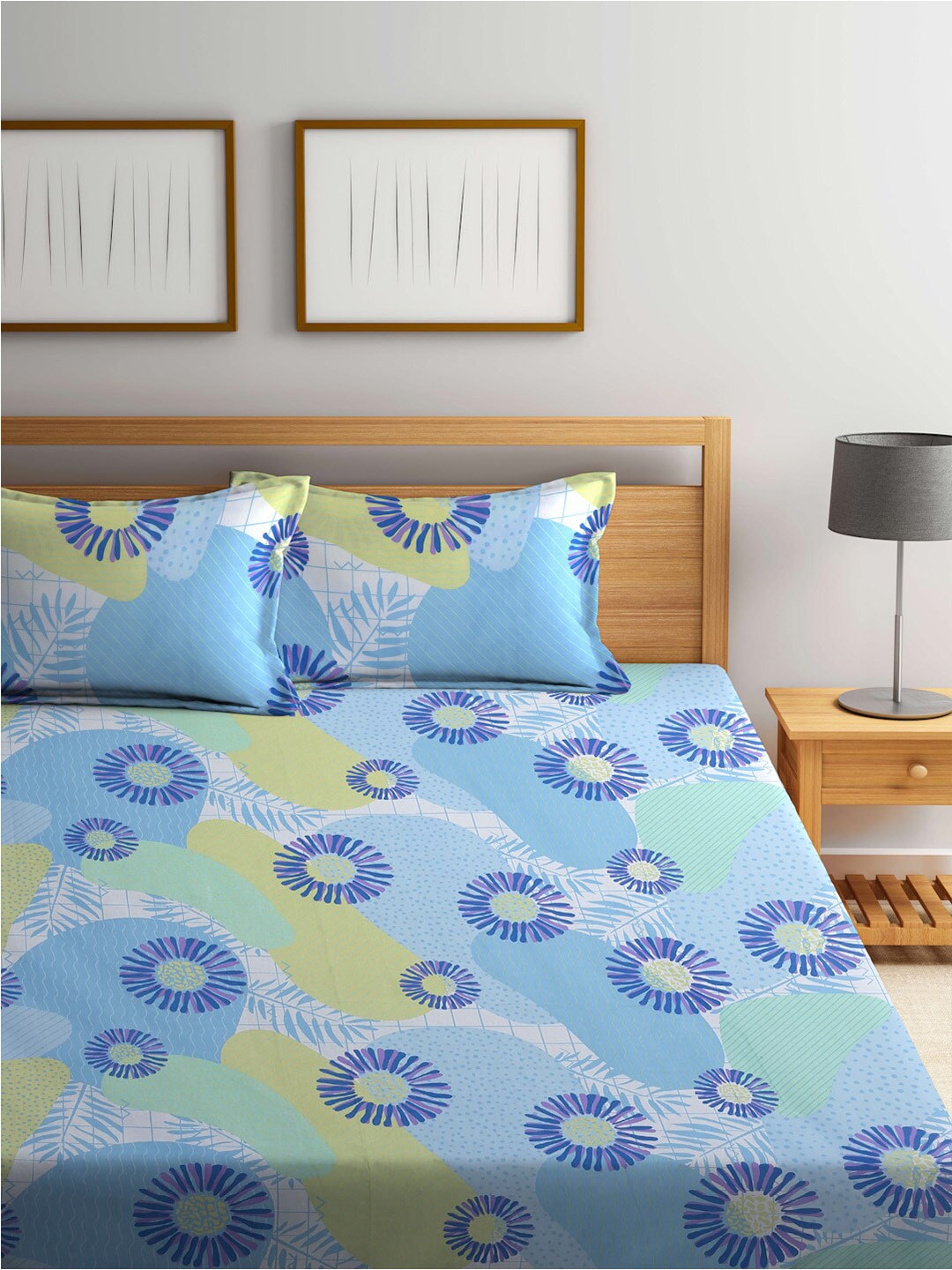 BOMBAY DYEING Serenita Blue Printed Cotton 144 TC King Bedsheet with 2 Pillow Covers - Swadesiicart