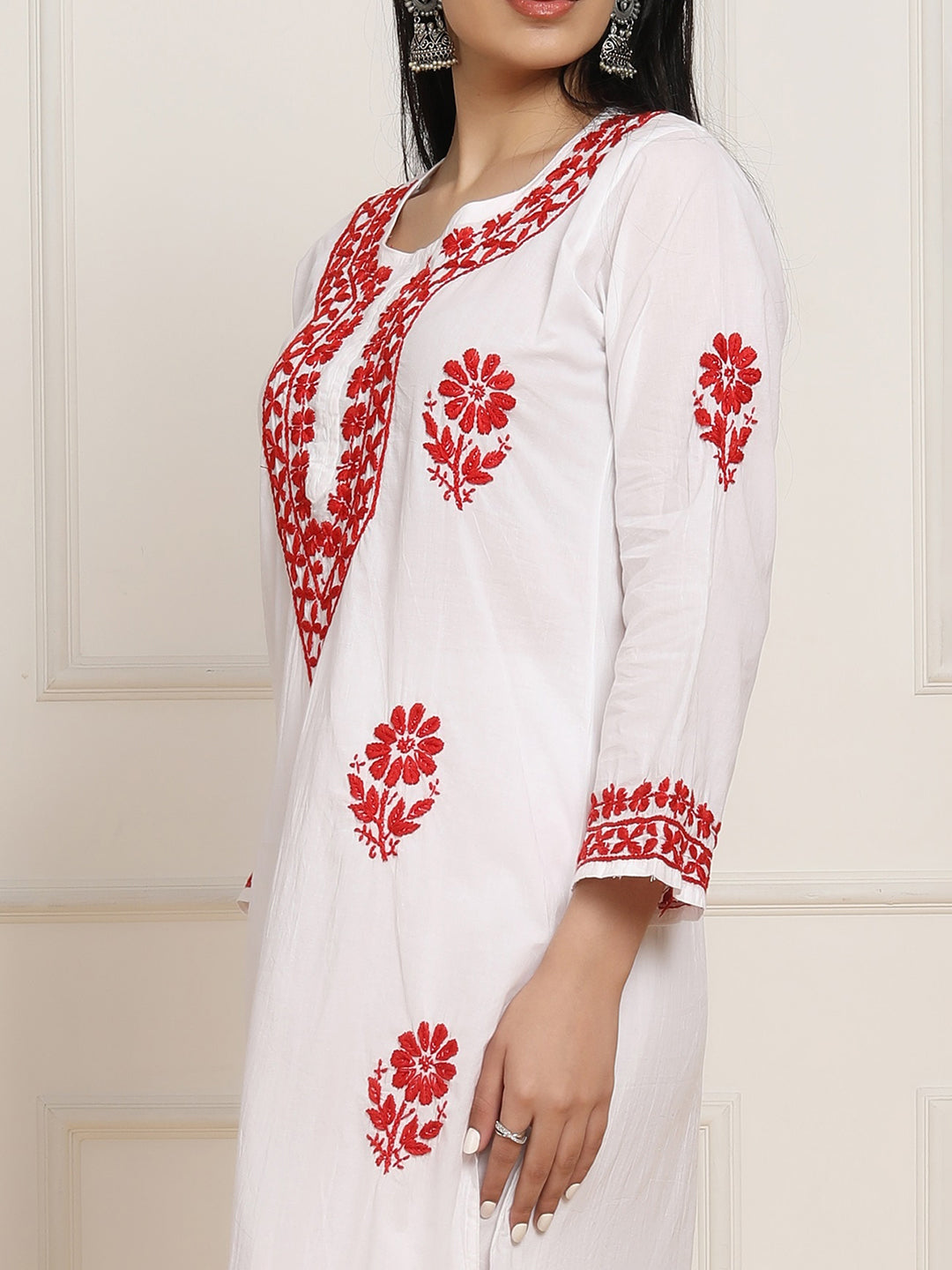 HOUSE OF KARI Women Floral Embroidered Regular Chikankari Pure Cotton Kurta with Trousers | Swadesiicart