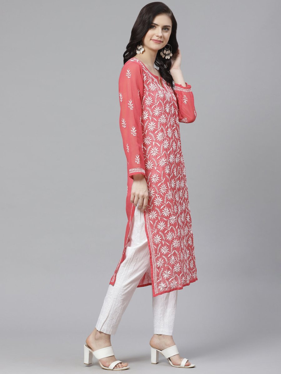 ADA Women Pink & White Chikankari Embroidered Sustainable Handloom Kurta with Trousers | Swadesiicart