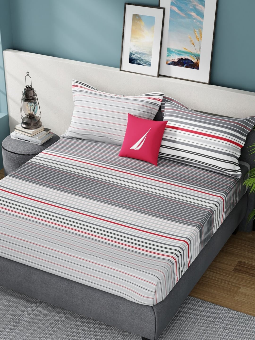Nautica Bradford Grey & White Striped Cotton 160 TC King Bedsheet With 2 Pillow Covers - Swadesiicart