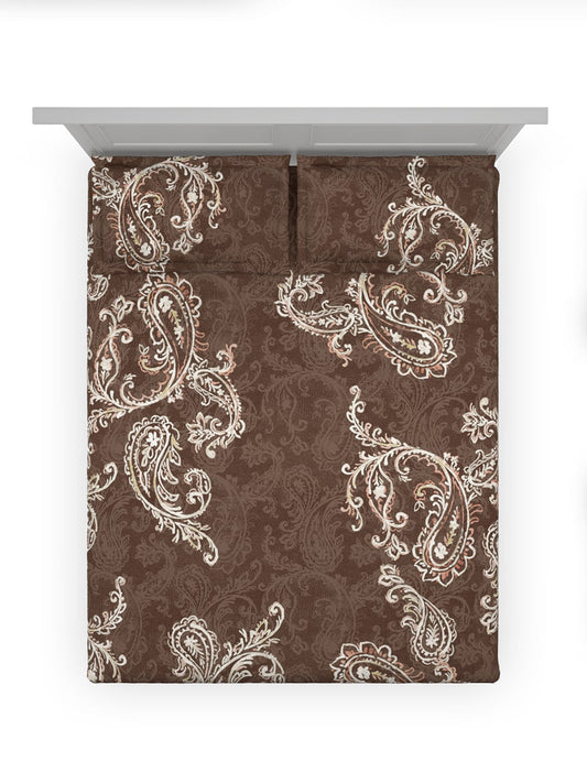 DDecor Brown & White Ethnic Motifs Cotton 140 TC King Bedsheet With 2 Pillow Covers - Swadesiicart