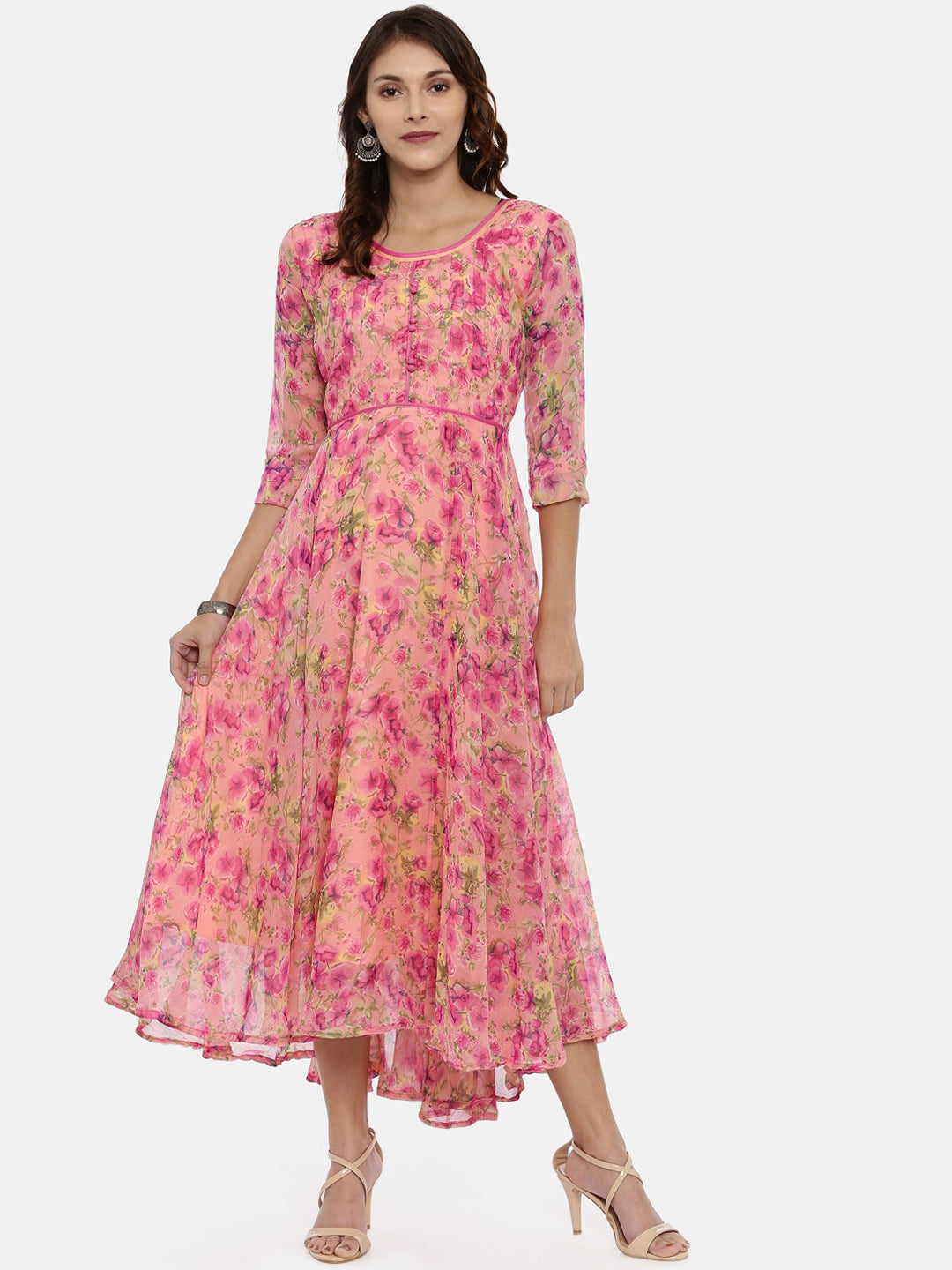 Souchii Women Pink & Yellow Floral Printed Fit & Flare Dress - SOUCHII