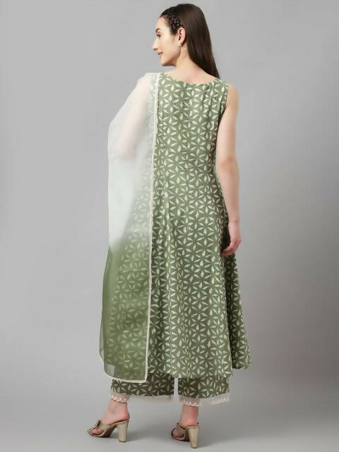 FIORRA Women's Green Lurex Cotton Flared Kurta Palazzo Set With Dupatta - Swadesiicart