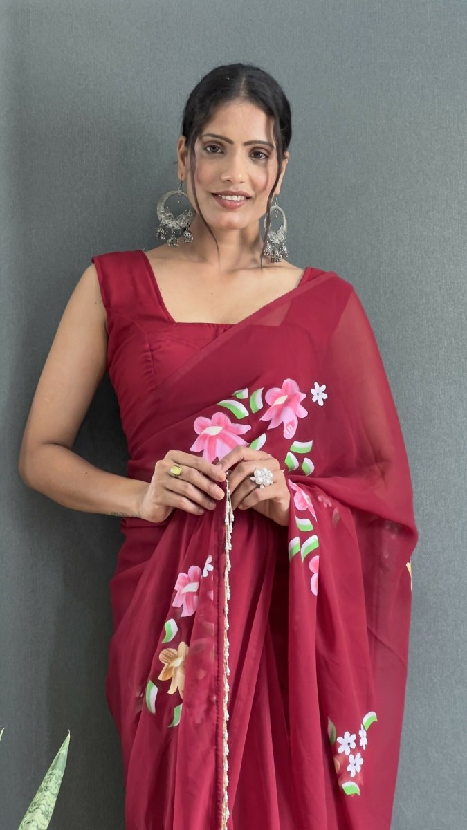 Aayaa Designer 1 min Hand Painted Ready to Wear saree - Maroon | Swadesiicart