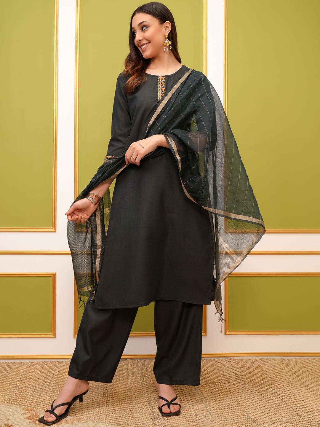 Vishudh Green Embroidered Thread Work Kurta with Palazzo & Dupatta - Swadesiicart