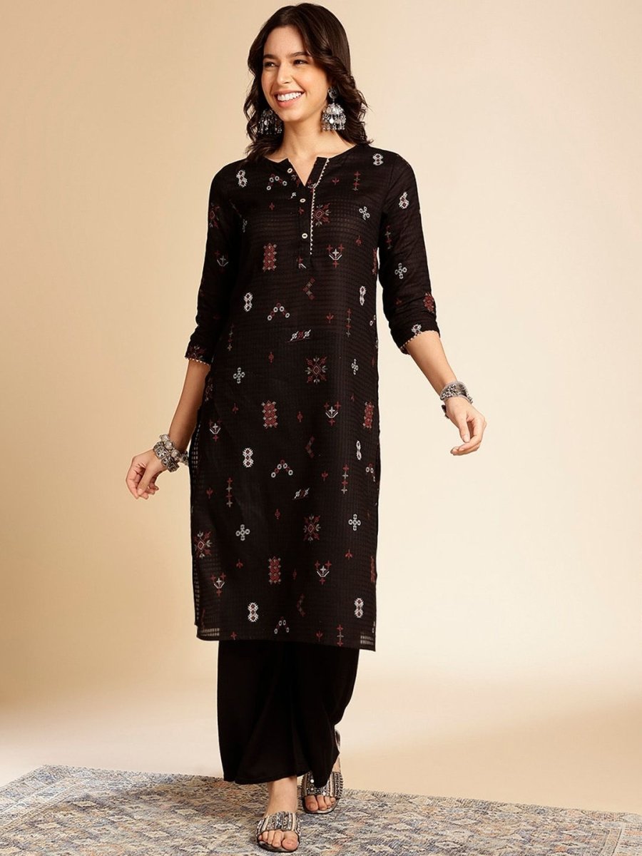 Anouk Black Ethnic Motifs Printed Round Neck Gotta Patti Cotton Straight Kurta - Swadesiicart