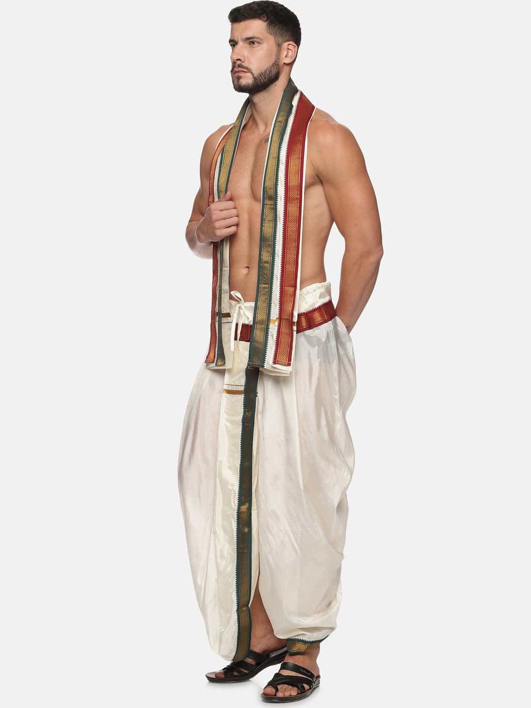 Sethukrishna Men Cream Solid Readymade Dhoti Pants With Angavastram | Swadesiicart