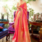 Mitera Peach-Coloured & Golden Floral Zari Silk Blend Banarasi Saree | Swadesiicart