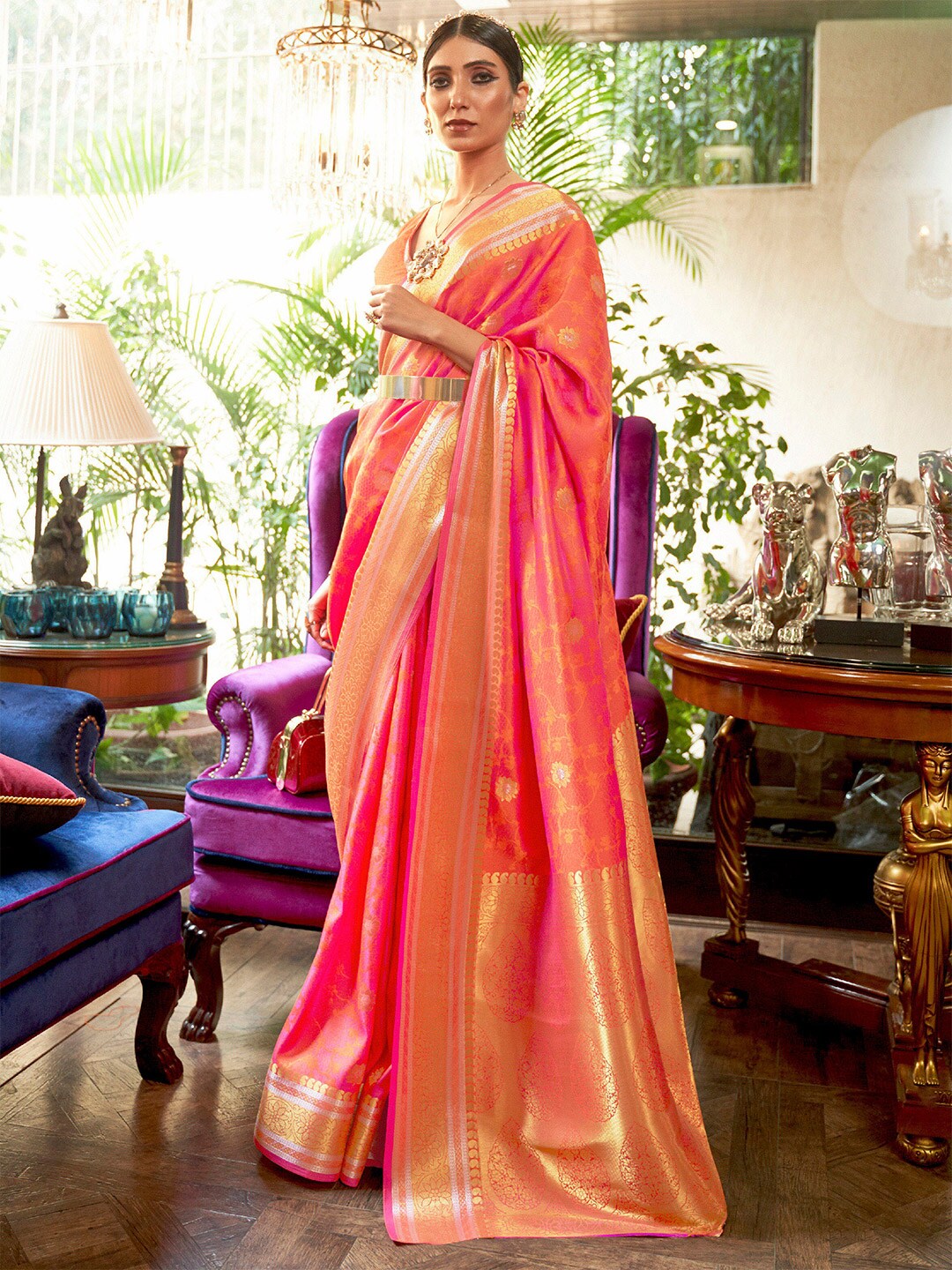 Mitera Peach-Coloured & Golden Floral Zari Silk Blend Banarasi Saree | Swadesiicart