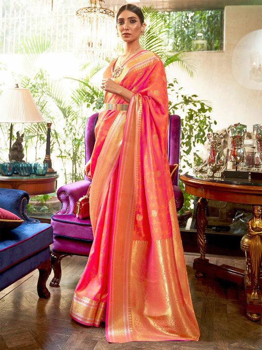 Mitera Peach-Coloured & Golden Floral Zari Silk Blend Banarasi Saree | Swadesiicart