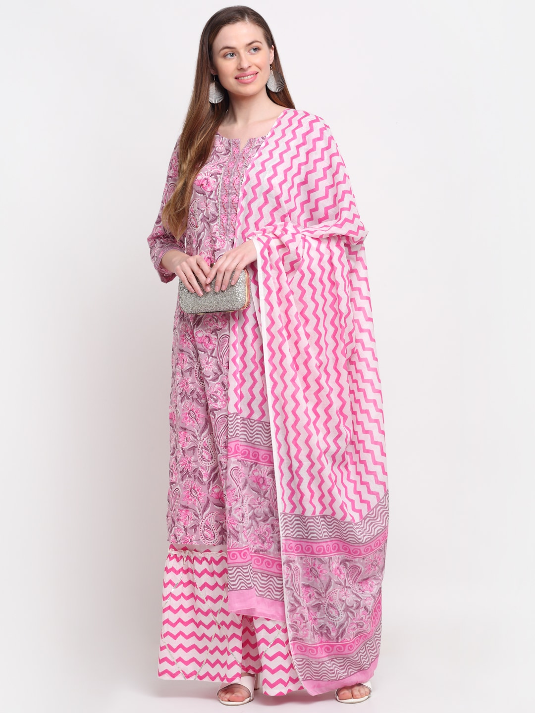 Kalini Women Pink Paisley Printed Pure Cotton Kurta with Sharara & With Dupatta | Swadesiicart
