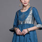 Biba Women Teal Blue & Golden Ethnic Motifs Yoke Design A-Line Kurta - Swadesiicart