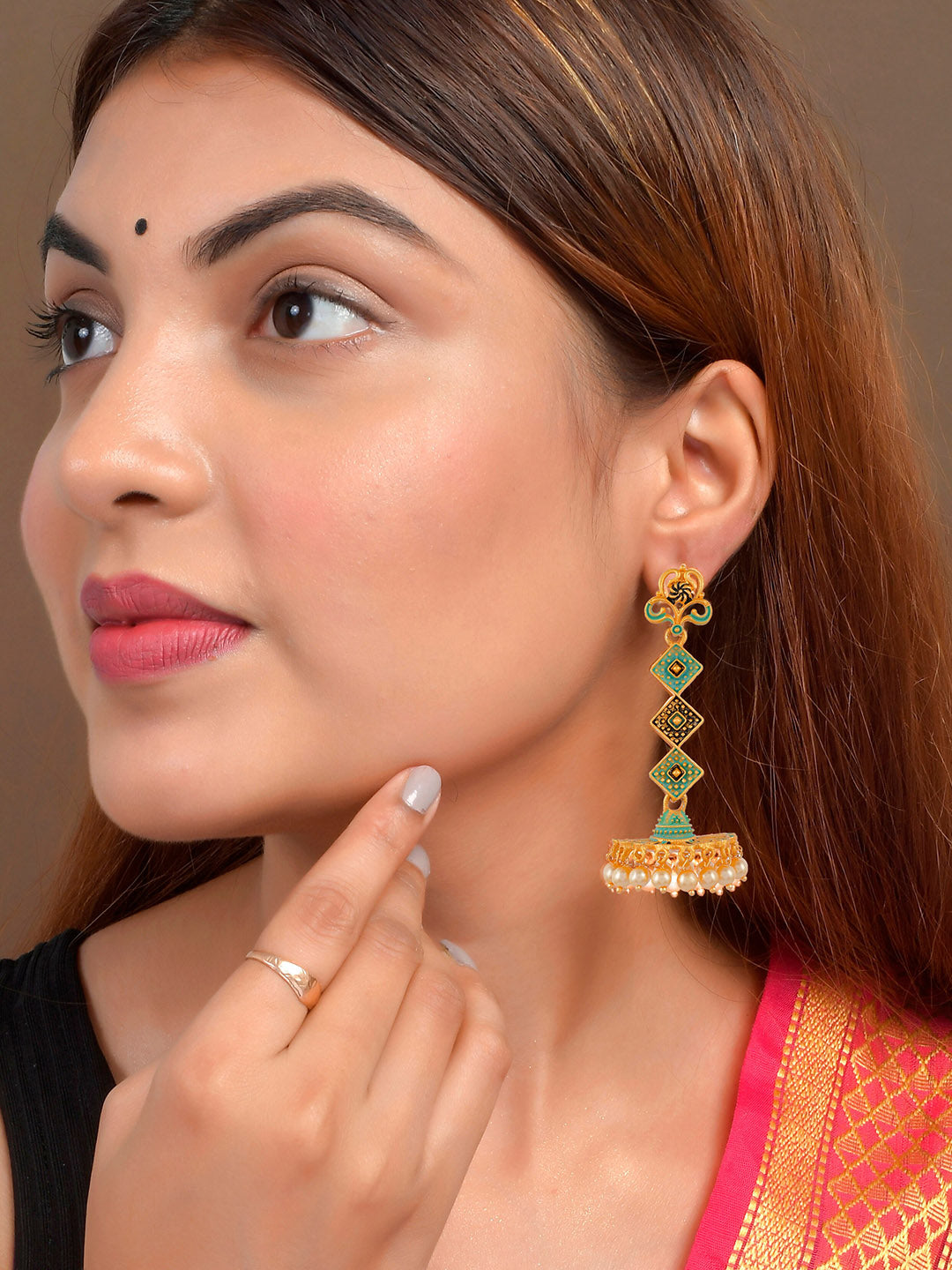 Shoshaa Gold-Toned & Green Contemporary Jhumkas Earrings | Swadesiicart