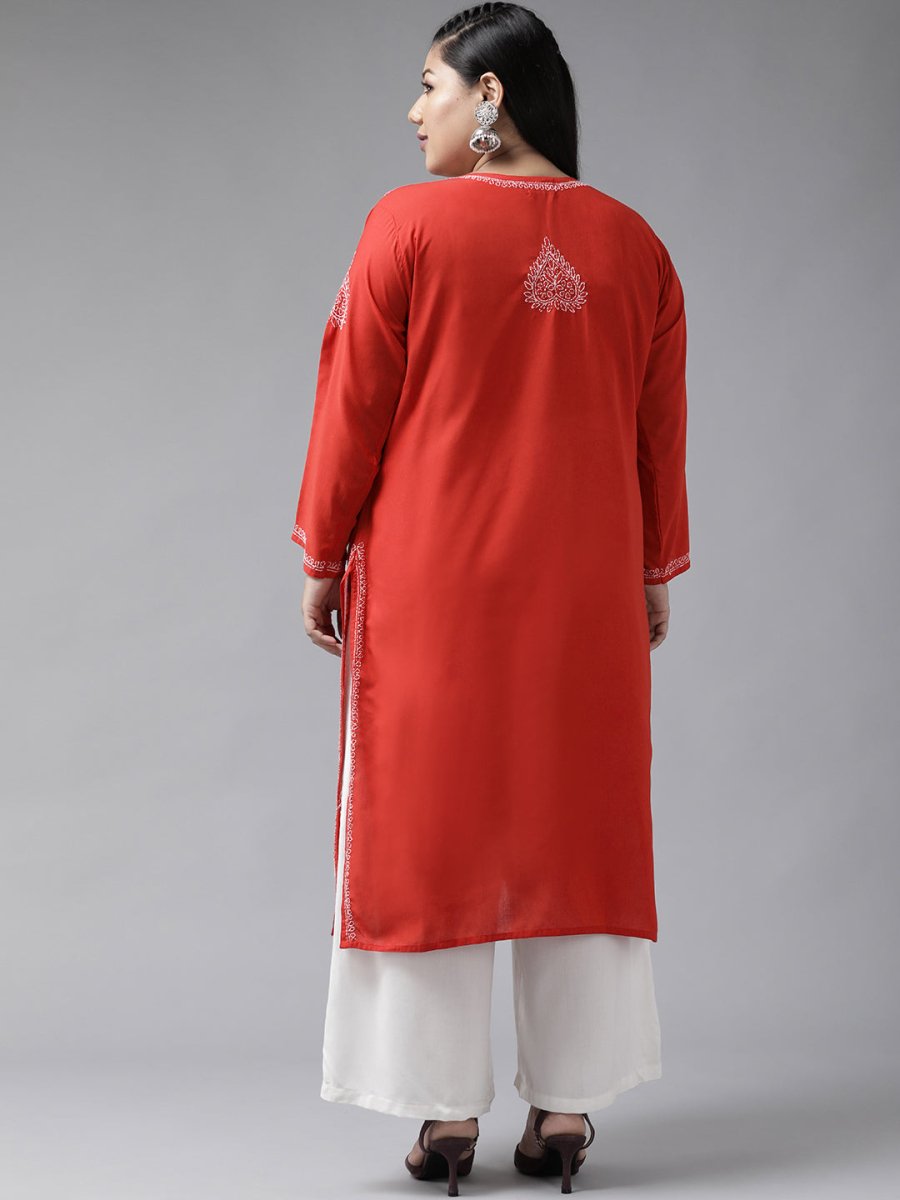 ADA Women Plus Size Red & White Ethnic Motifs Pure Cotton Chikankari Embroidered Kurta | Swadesiicart