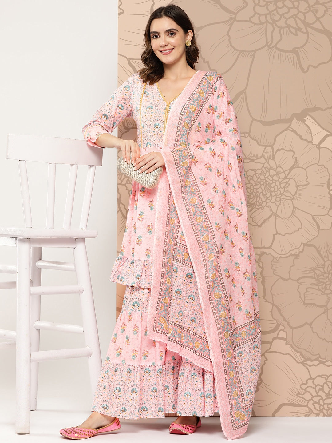 Kalini Floral Printed Gotta Patti Pure Cotton Kurta with Sharara & Dupatta | Swadesiicart