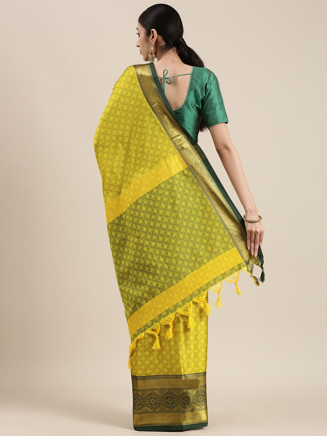 Mitera Olive Green Ethnic Motifs Zari Silk Cotton Banarasi Saree | Swadesiicart