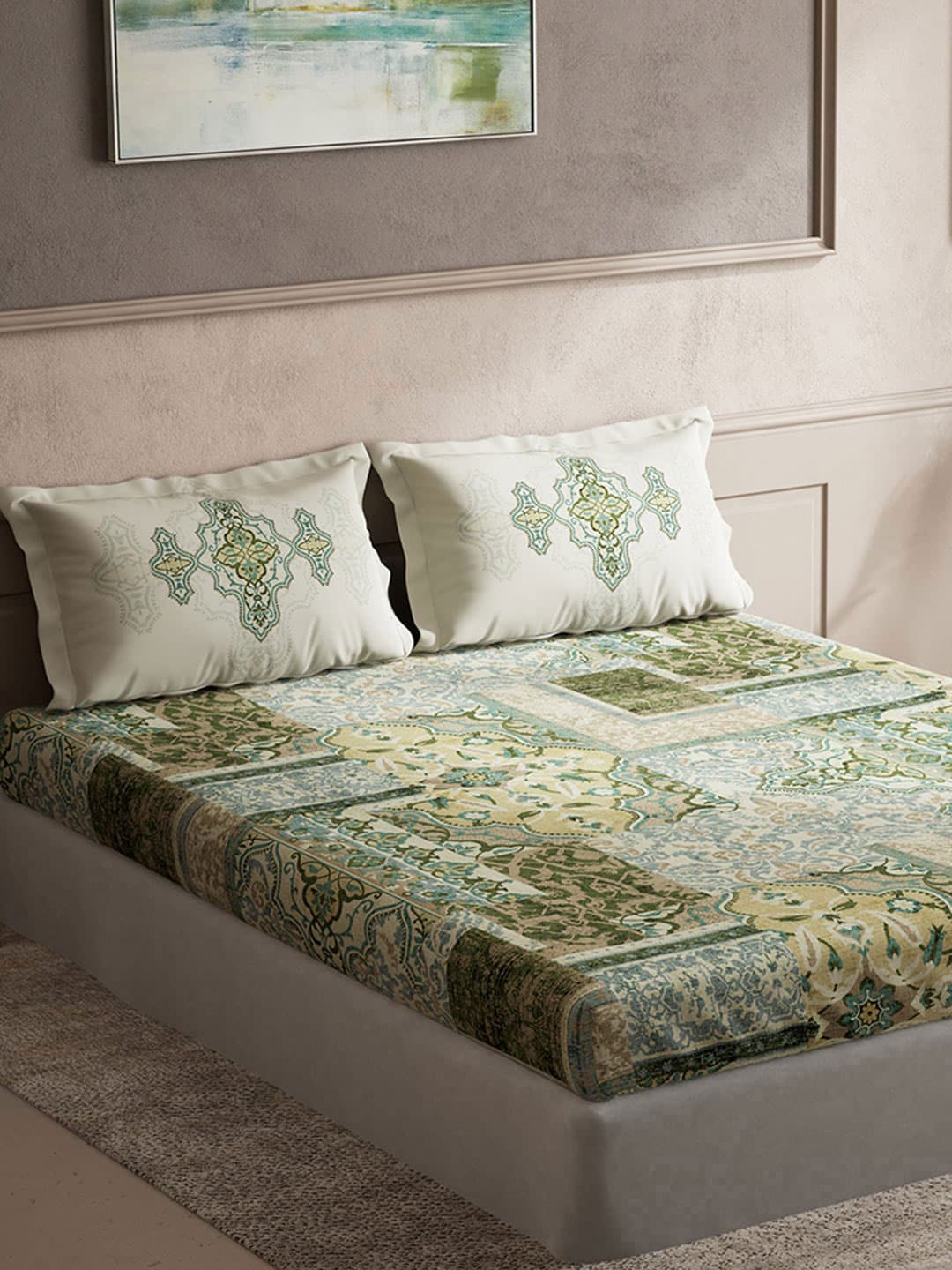 DDecor Green & White Ethnic Motifs Cotton 140 TC King Bedsheet with 2 Pillow Covers - Swadesiicart