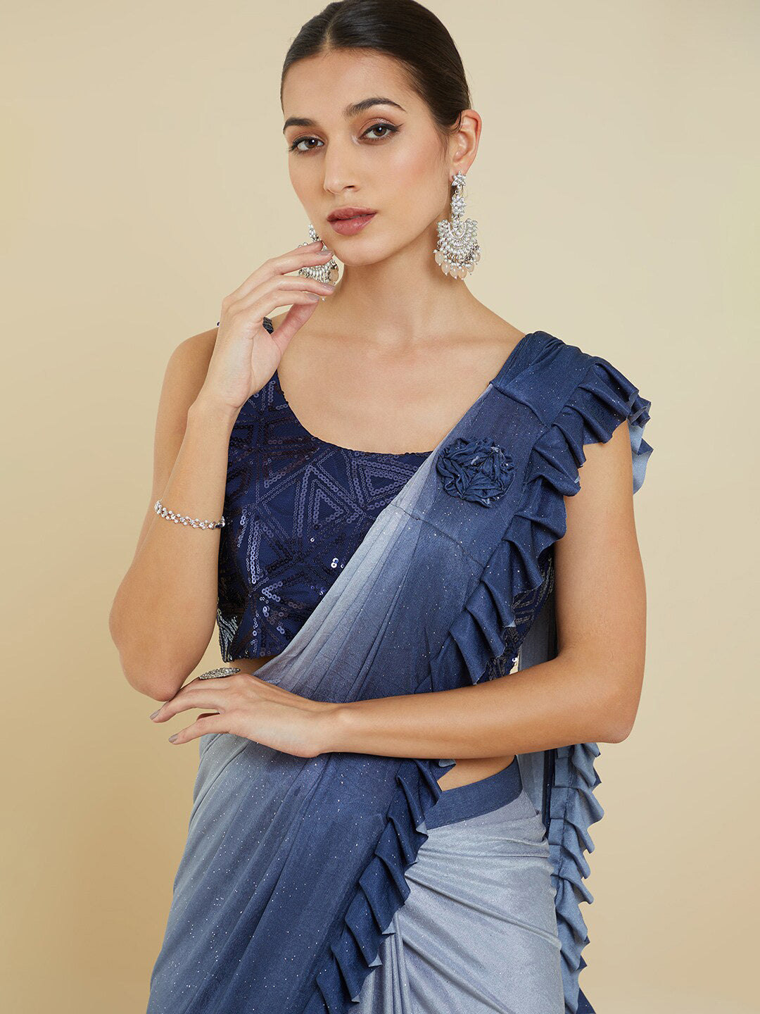 Soch Blue Sequinned Poly Crepe Ready to Wear Saree | Swadesiicart