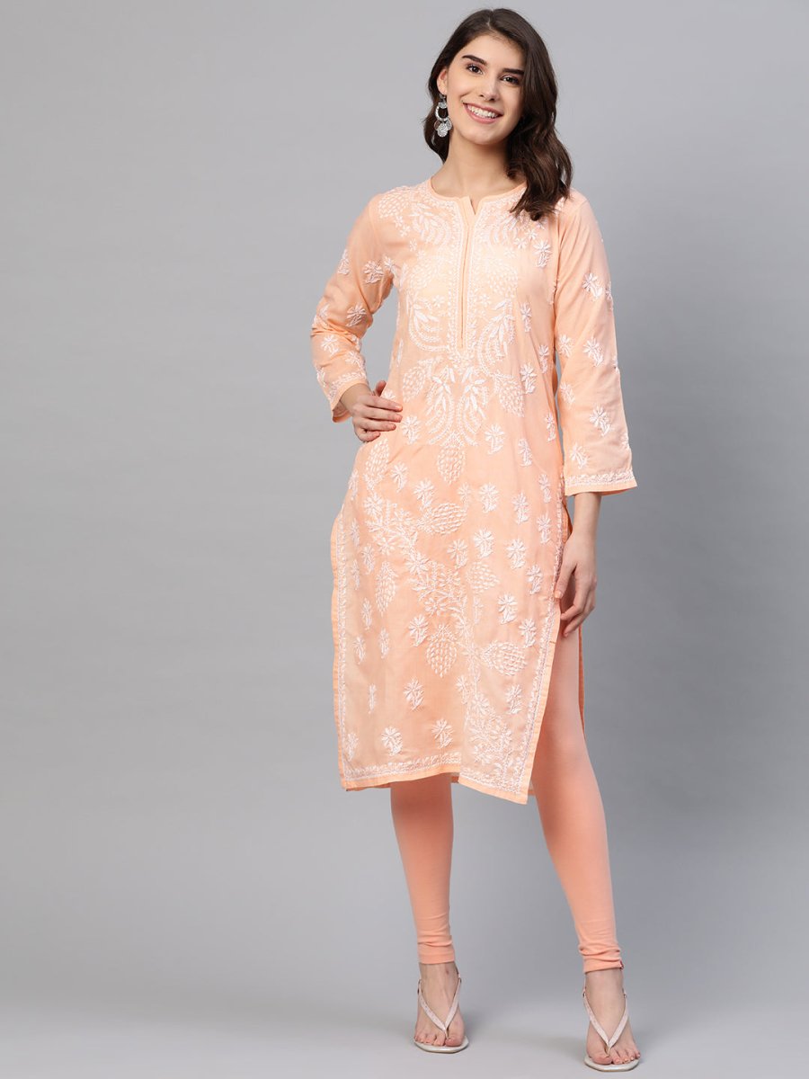 ADA Women Peach-Coloured & White Chikankari Embroidered Straight Sustainable Kurta | Swadesiicart