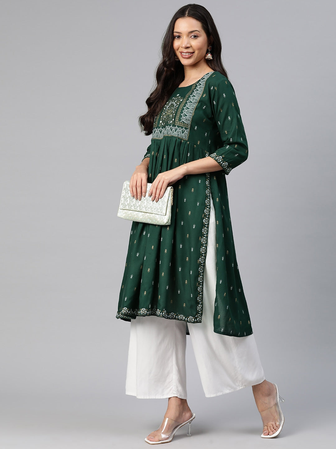 Kalini Ethnic Motifs Printed High Slit Mirror Work Kurta - Swadesiicart