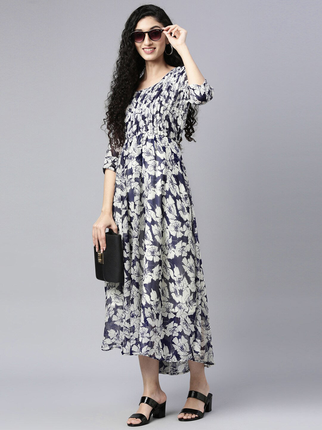 Souchii Floral Printed Chiffon Empire Midi Dress - Swadesiicart