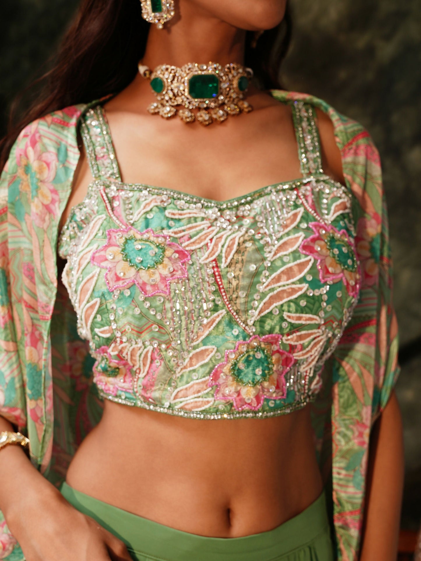 Green Pure Georgette Handwork Top with Skirt & Shrug - Naomika - Swadesiicart