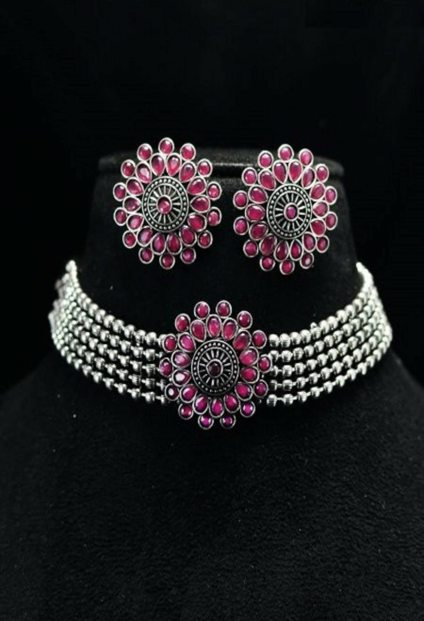 Mominos Fashion Johar Kamal Oxidised Silver-Plated Brass Finish Kundan Choker For Women (Pink) | Swadesiicart