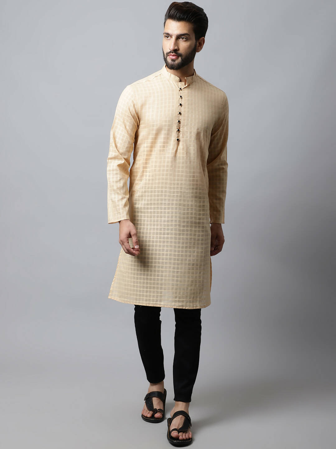 Even Apparels Beige Color Pure Cotton Men's Kurta With Side Placket (CHK1200) | Swadesiicart