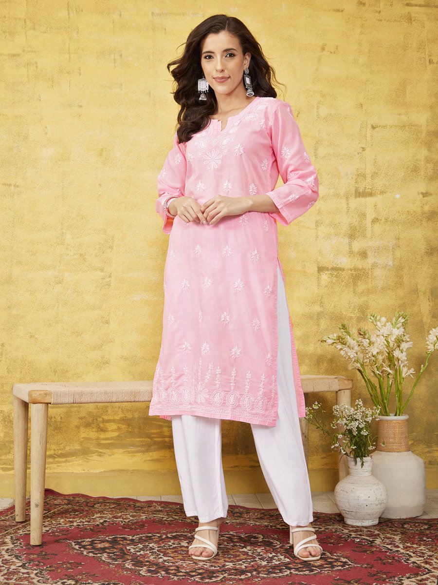 ADA Women Pink & White Chikankari Embroidered Straight Sustainable Handloom Kurta | Swadesiicart