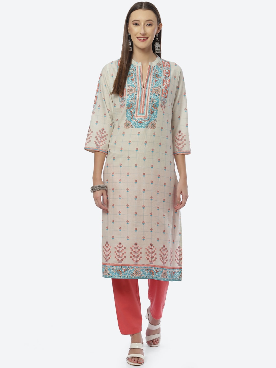 Biba Women Beige Ethnic Printed Regular Kurta - Swadesiicart