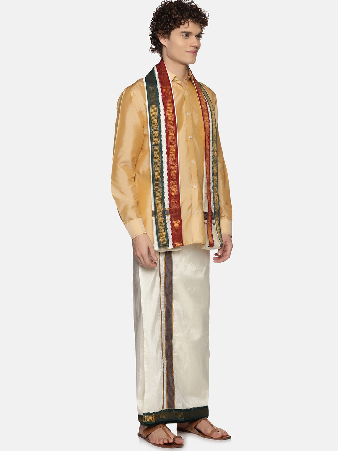 Sethukrishna Men Cream-Colored Solid Dhotis With Angavastram | Swadesiicart