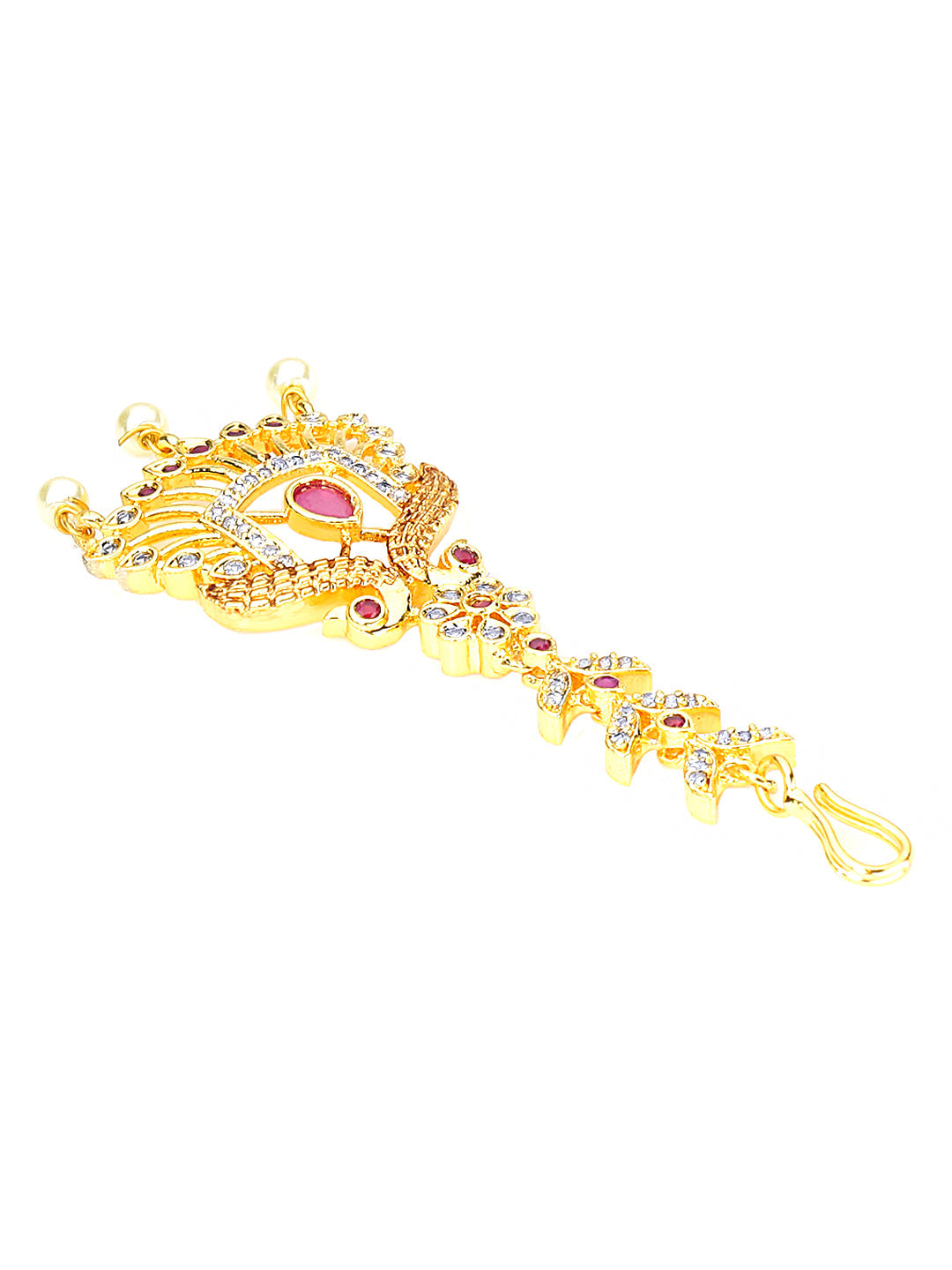 Yellow Chimes Women Gold -Toned Pink & White American Diamond Studded Handcrafted Maang Tikka | Swadesiicart