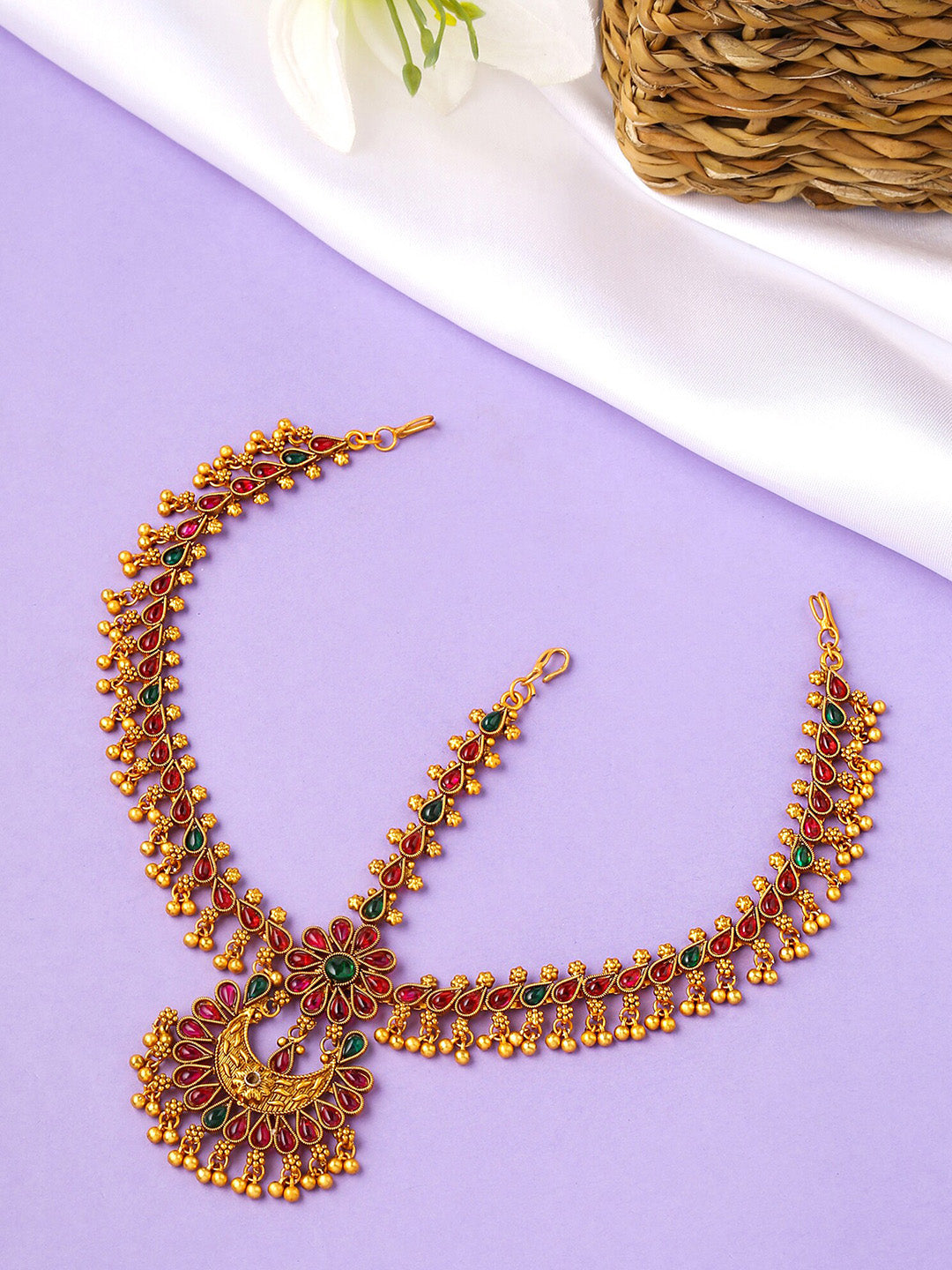 Yellow Chimes Gold-Toned Green Kundan Layered Temple Bridal Traditional Matha Patti | Swadesiicart
