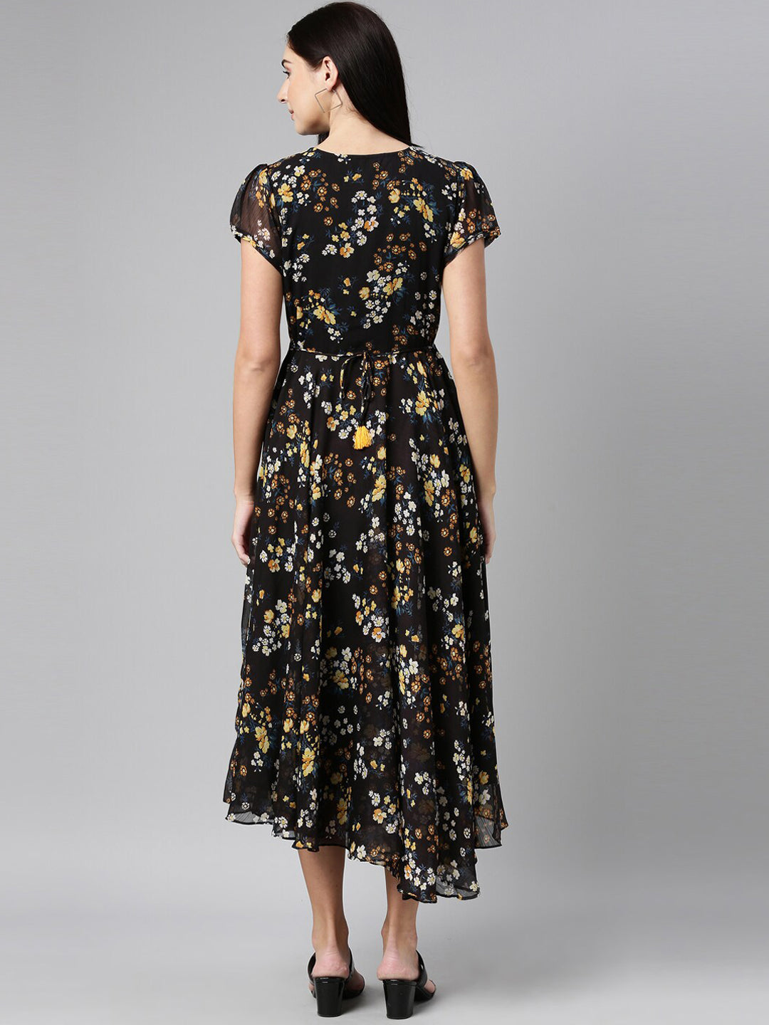 Souchii Women Black Floral Chiffon Maxi Dress - Swadesiicart