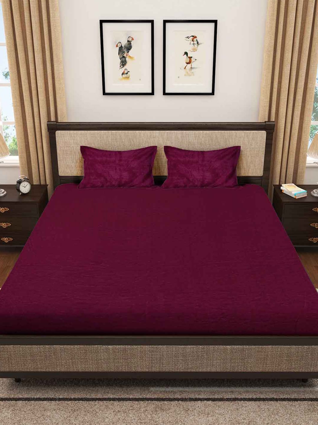 KLOTTHE Maroon 300 TC Woolen Fitted Double King Bedsheet With 2 Pillow Covers - Swadesiicart