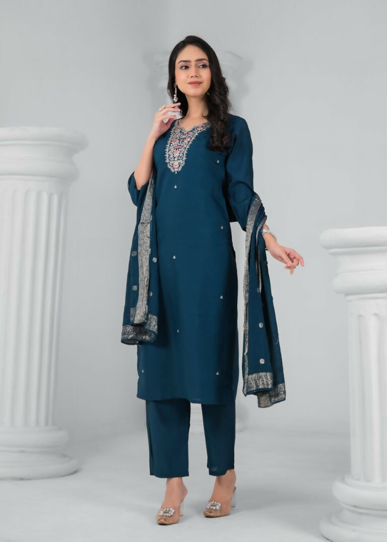 Ethnic Festive Wear Chanderi Rama Stitched Suit With Dupatta - Tanisha | Swadesiicart