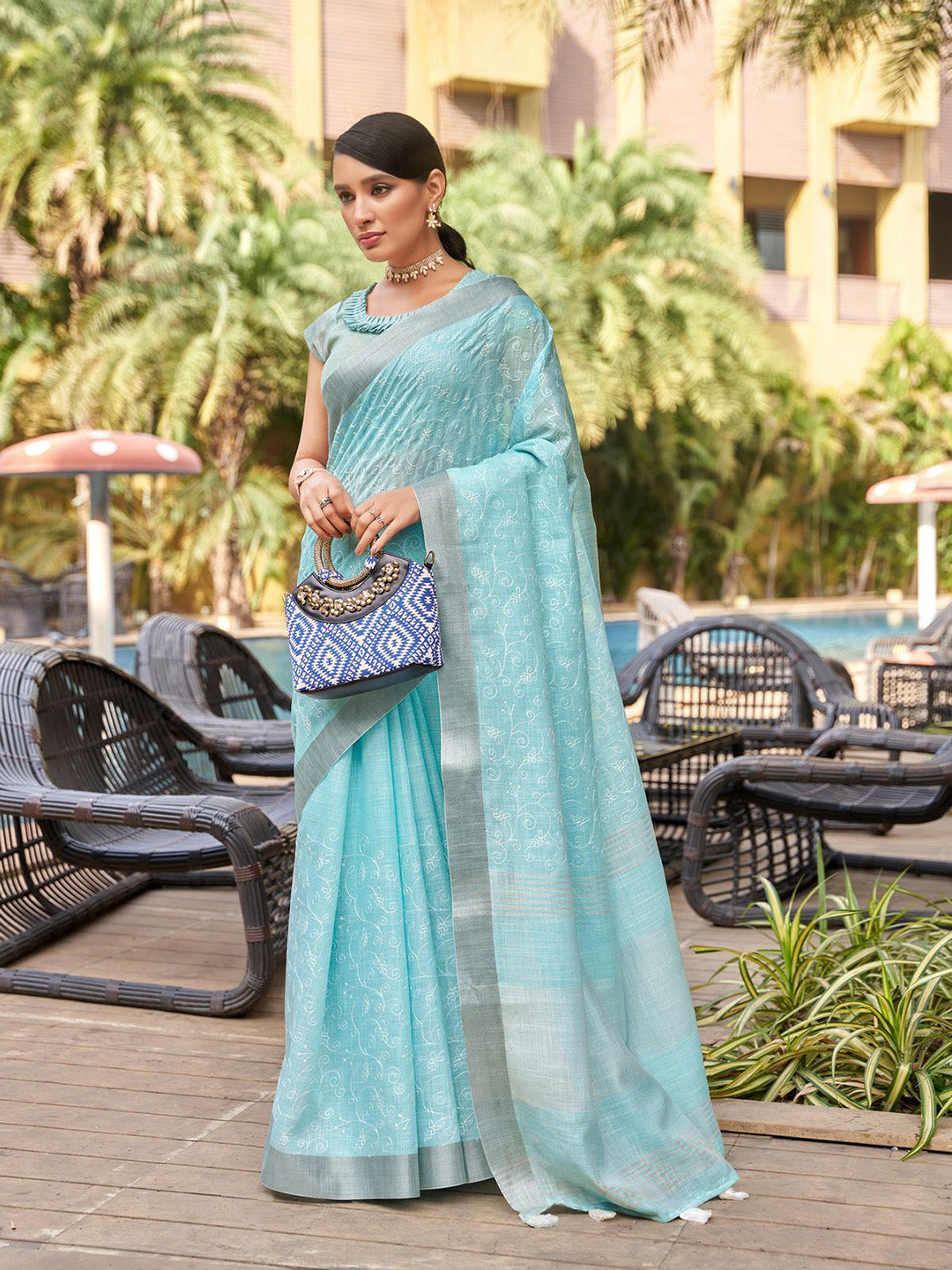 Mitera Blue & Silver-Toned Floral Embroidered Zari Pure Linen Banarasi Saree | Swadesiicart