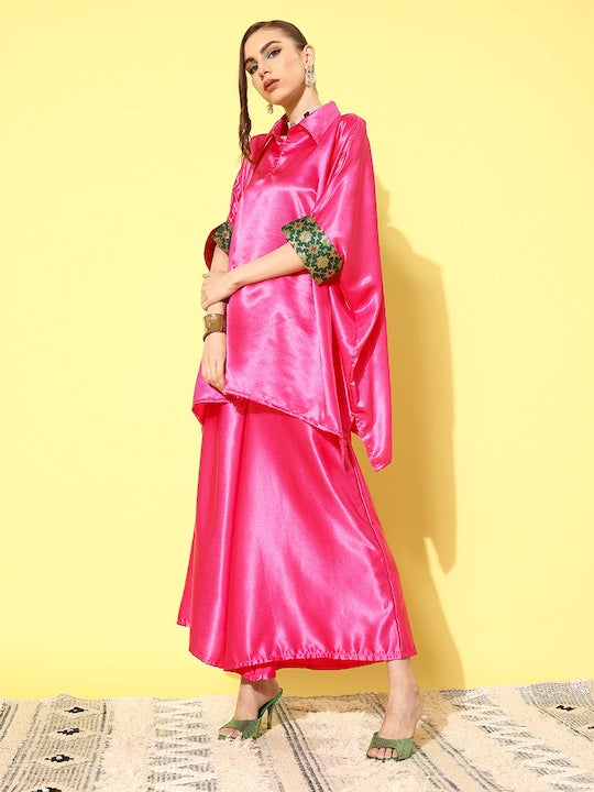 InWeave Women's Pink Green Brocade Satin Boho Kurta Palazzo Set - Swadesiicart