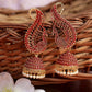 Anikas Creation Red & Gold-Polished Peacock Shaped Jhumkas
