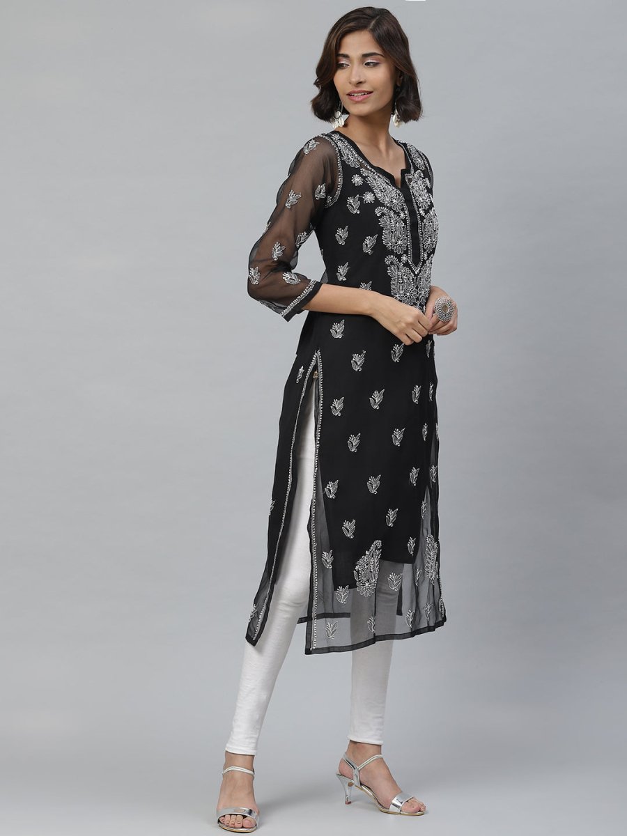 ADA Women Black & White Paisley Chikankari Embroidered Straight Handloom Kurta | Swadesiicart