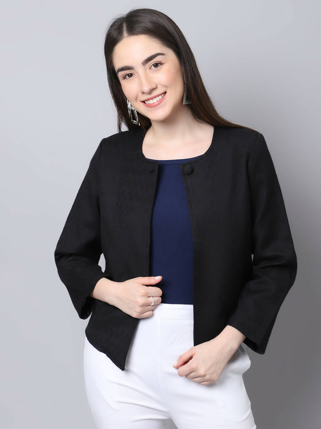Even Apparels Black 100% Viscose Open Front Statement Women's Jacket | Swadesiicart